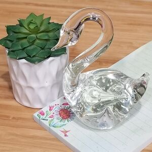 Swan Glass Art Hand Blown Clear‎ Controlled Bubbles Paperweight 4"H